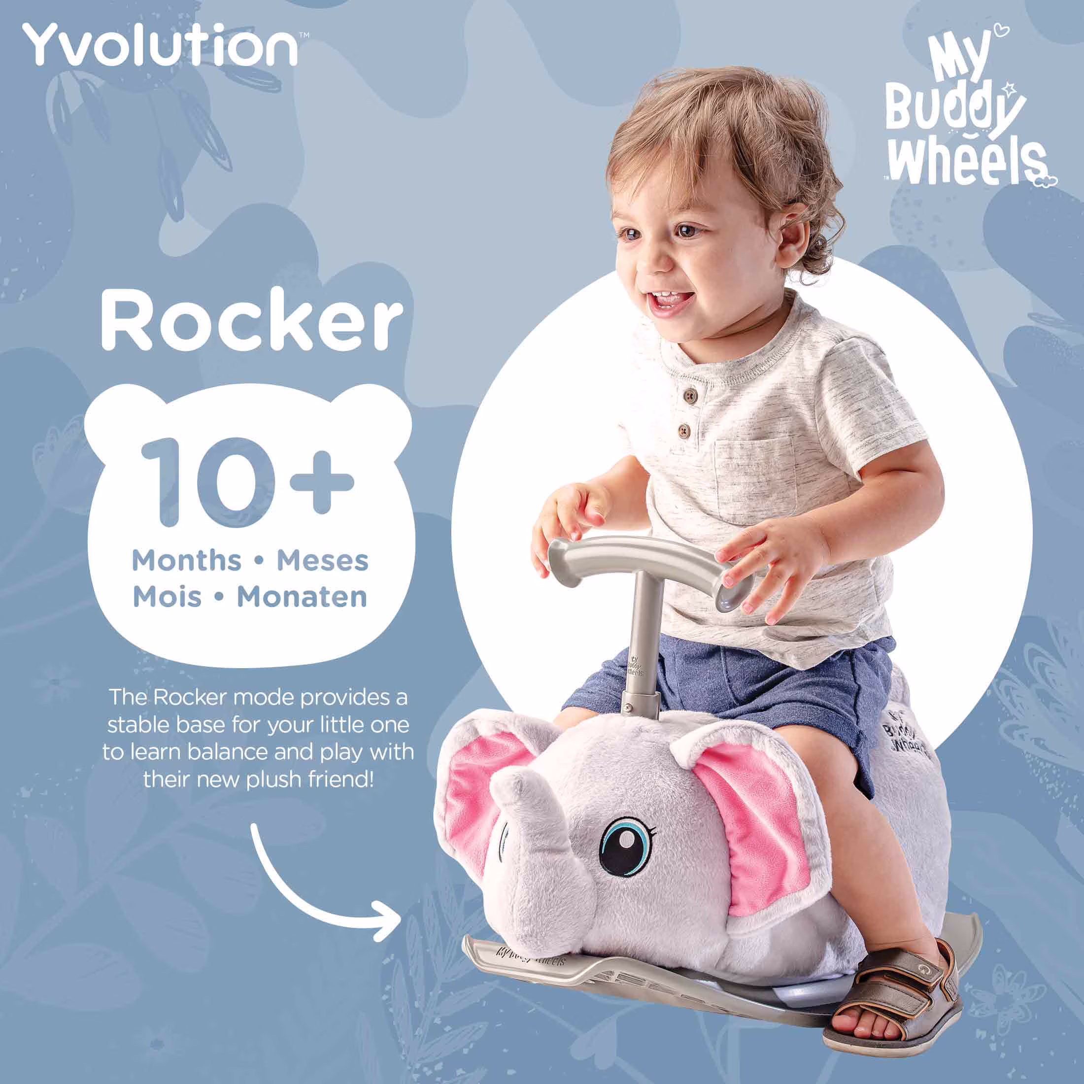 Yvolution My Buddy Roller 2-in-1 Elephant Plush Ride-On Toy (Grey, 45 lb Capacity) VZyY1 - Image 5