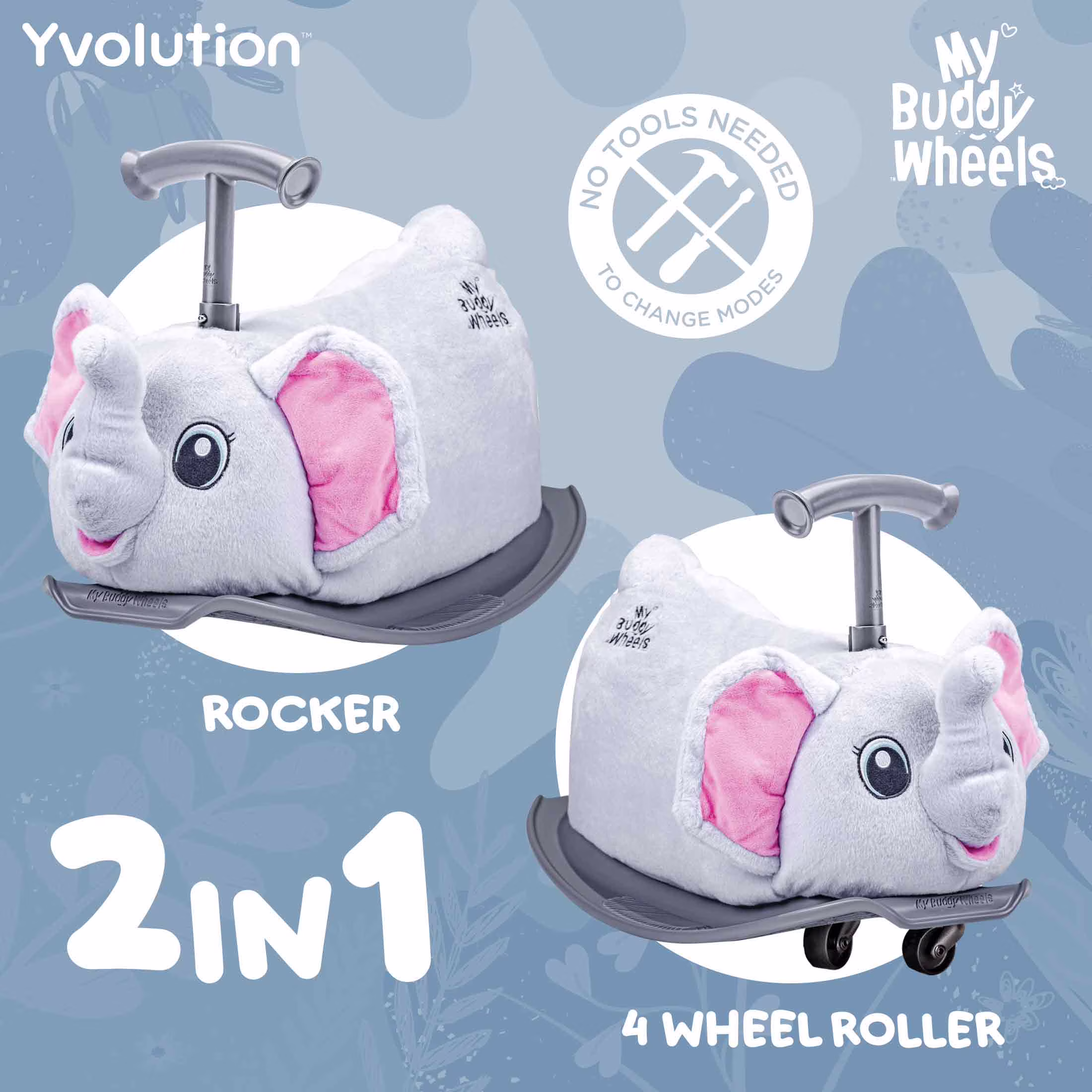 Yvolution My Buddy Roller 2-in-1 Elephant Plush Ride-On Toy (Grey, 45 lb Capacity) VZyY1 - Image 3