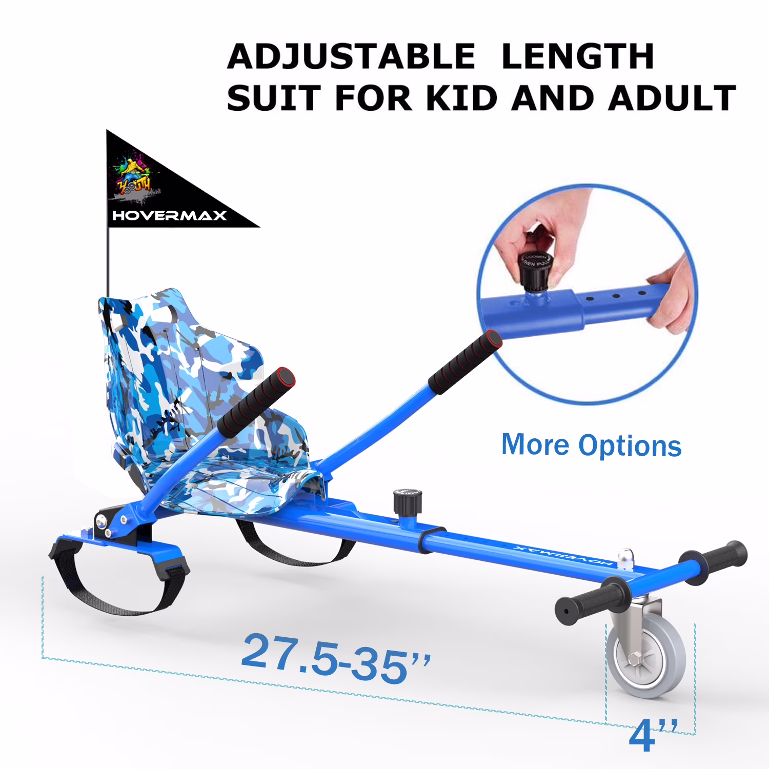 HOVERMAX Hoverboard Go Kart Seat Attachment, Adjustable Frame for 6.5 in to 10 in Hoverboards (Army Blue, 31 in to 44.5 in) 7Fdx5 - Image 3