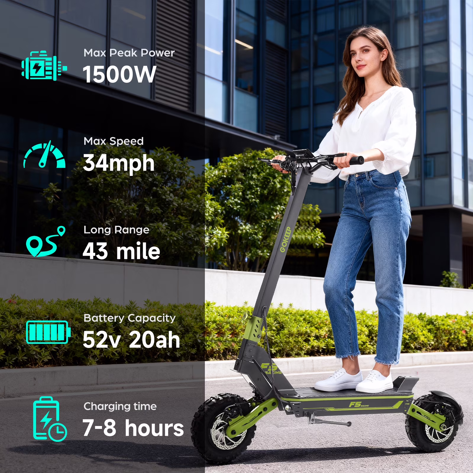 GOKEEP Electric Scooter for Adults, 1500W Motor, 43-Mile Range, 11-inch Off-Road Tires, Foldable Commuter Scooter (Green) oxWYi