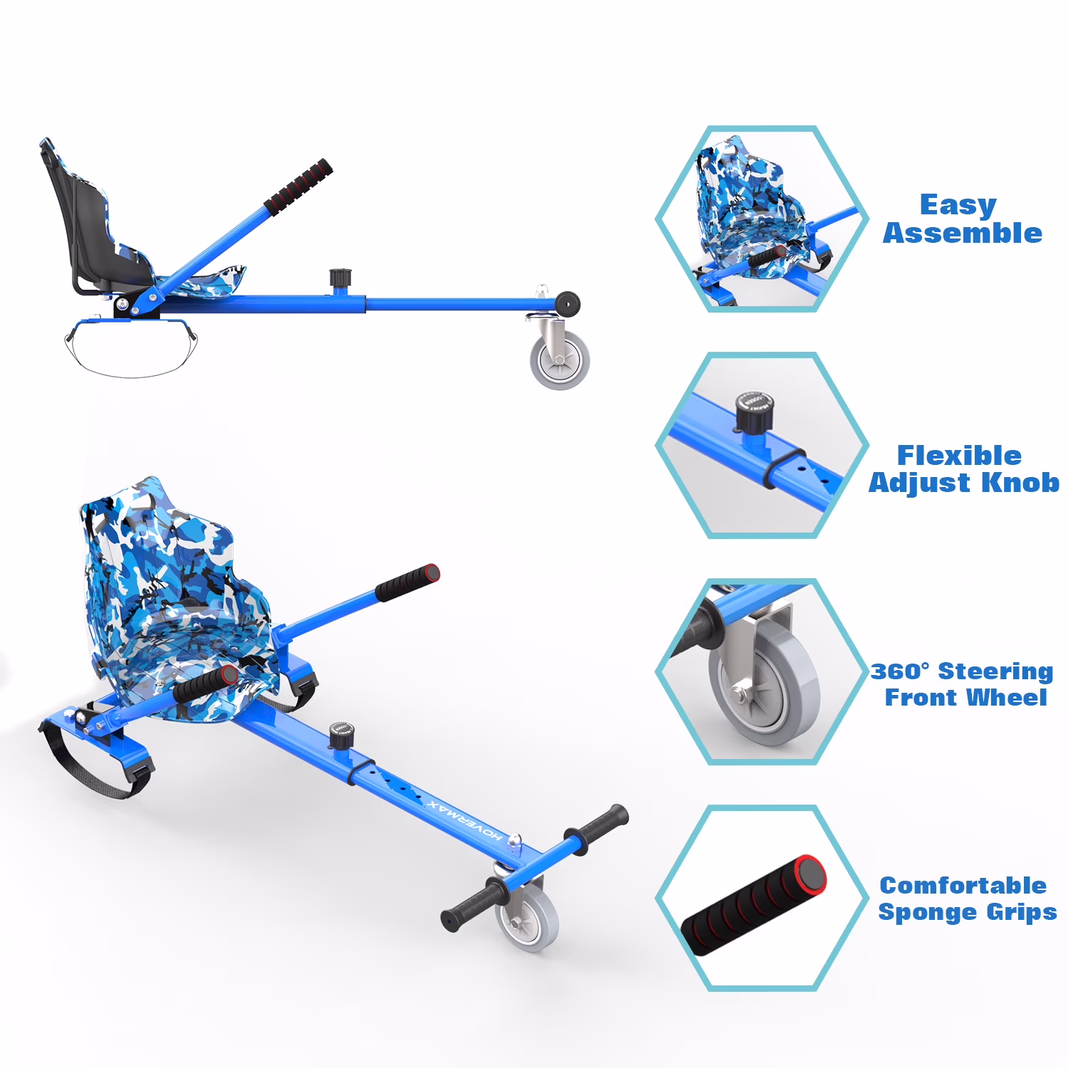 HOVERMAX Hoverboard Go Kart Seat Attachment, Adjustable Frame for 6.5 in to 10 in Hoverboards (Army Blue, 31 in to 44.5 in) 7Fdx5 - Image 4