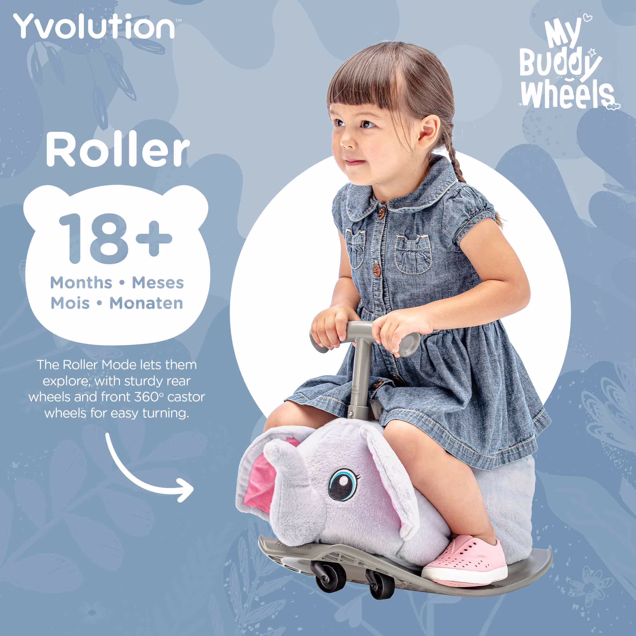 Yvolution My Buddy Roller 2-in-1 Elephant Plush Ride-On Toy (Grey, 45 lb Capacity) VZyY1 - Image 4