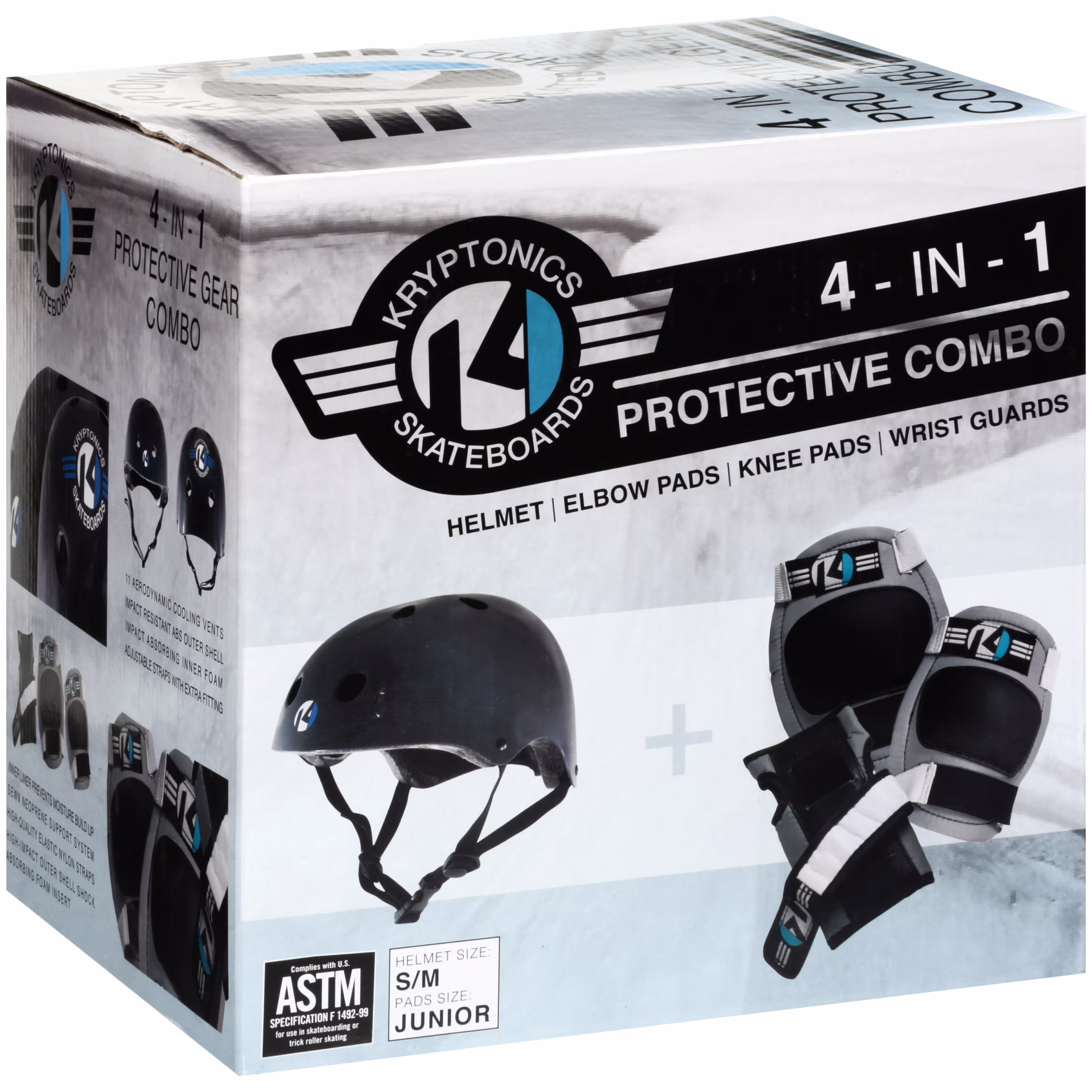 Kryptonics Youth 4-in-1 Protective Gear Set with Helmet (Grey, 21.25 in - 22.75 in) 2OpcK