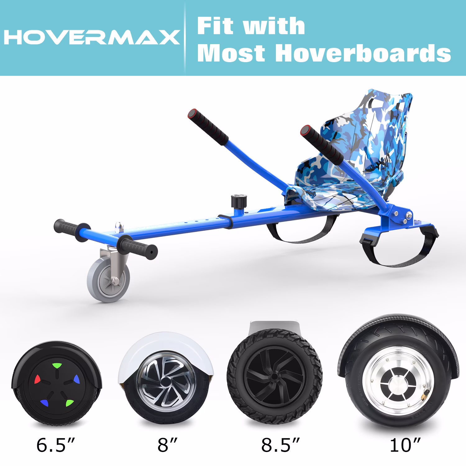 HOVERMAX Hoverboard Go Kart Seat Attachment, Adjustable Frame for 6.5 in to 10 in Hoverboards (Army Blue, 31 in to 44.5 in) 7Fdx5