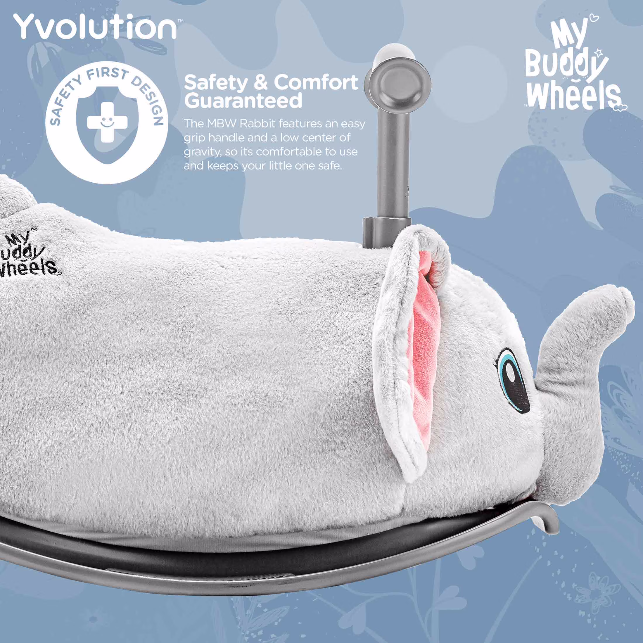 Yvolution My Buddy Roller 2-in-1 Elephant Plush Ride-On Toy (Grey, 45 lb Capacity) VZyY1 - Image 8