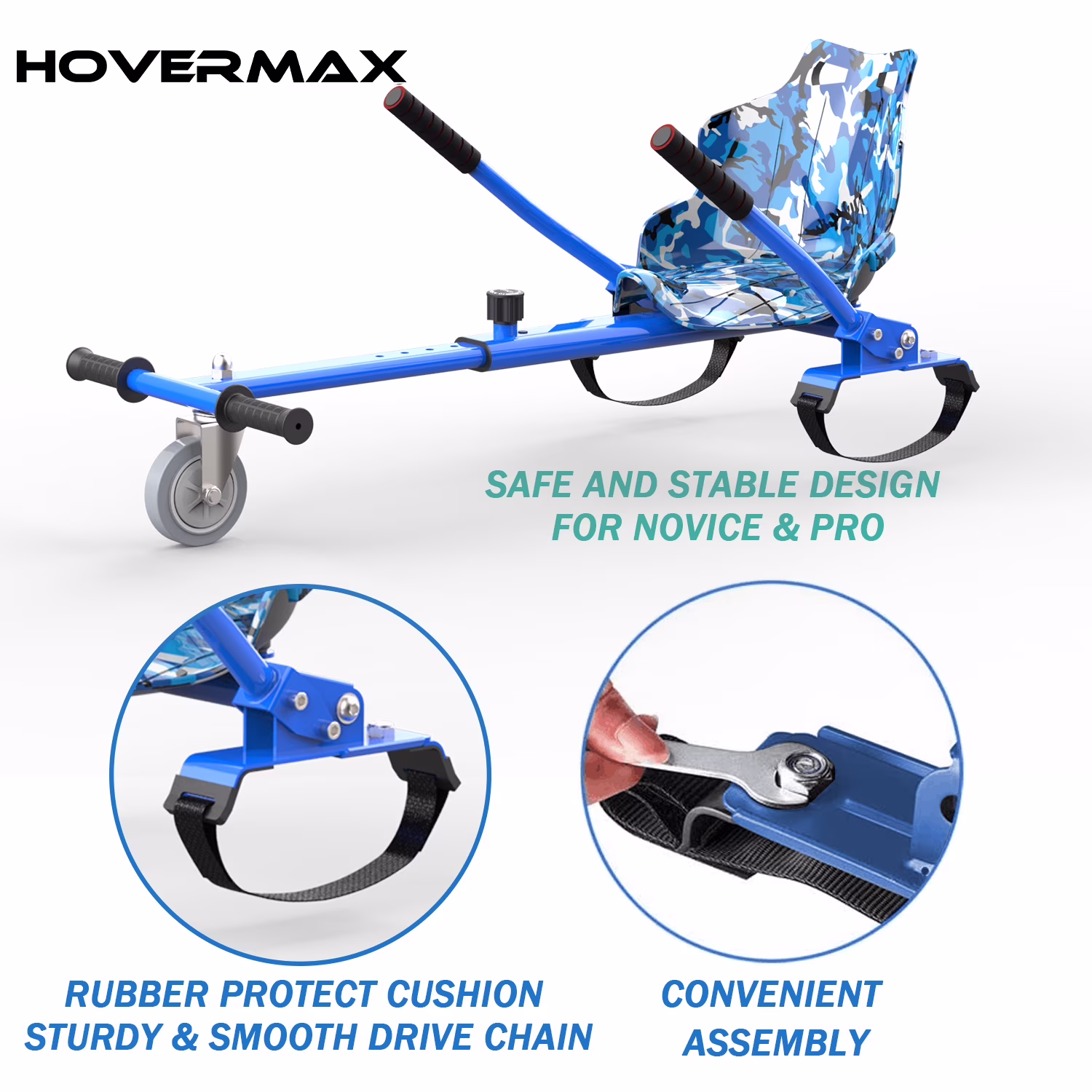 HOVERMAX Hoverboard Go Kart Seat Attachment, Adjustable Frame for 6.5 in to 10 in Hoverboards (Army Blue, 31 in to 44.5 in) 7Fdx5 - Image 5